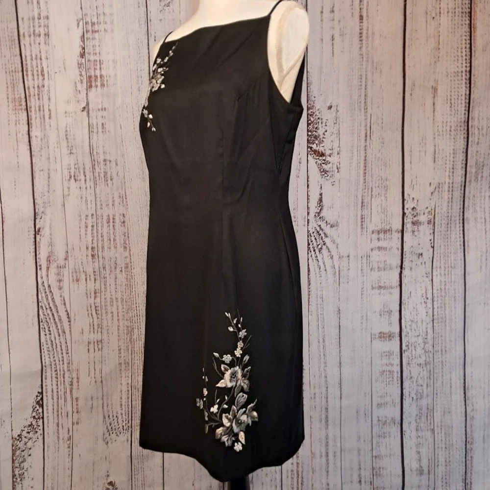 Y2K Vintage 90s CDC 12 Black Satin Slip Dress Spaghetti Strap‎ Embroidery Formal